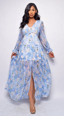 Janet Blue Floral Print Maxi Dress back view on model