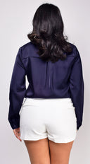 Braylee Satin Button Down Blouse Top in Navy back view on model