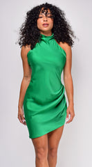 Layne Green Mock Neck Satin Mini Dress