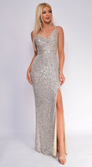 Sivan Nude Silver Cowl Neck Side Slit Sequin Gown
