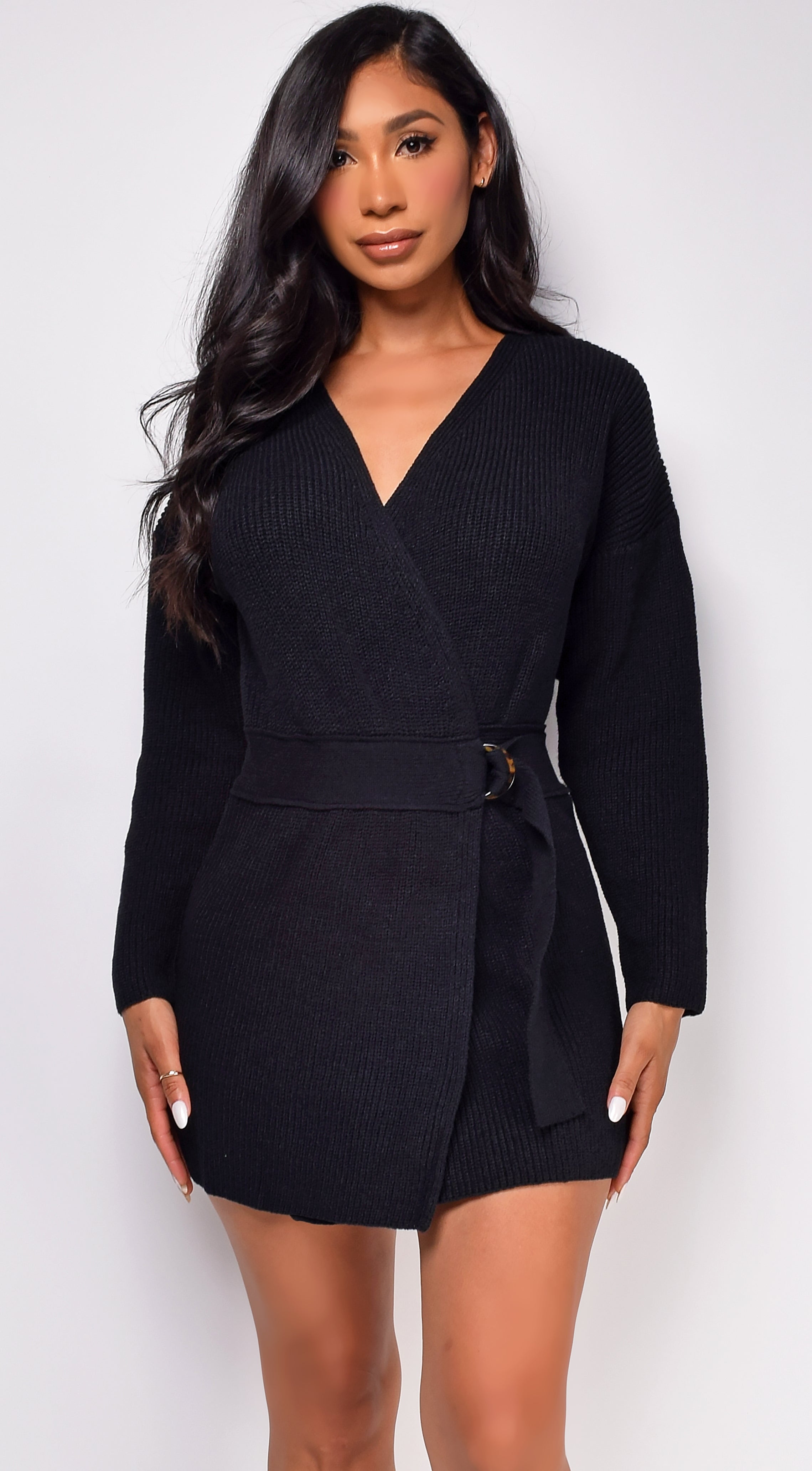 Rayne Black Long Sleeve Sweater Wrap Mini Dress