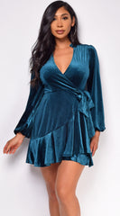 Dream Teal Blue Green Ruffled Wrap Velvet Mini Dress