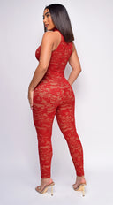 Maddie Red Mock Neck Lace Jumpsuit
