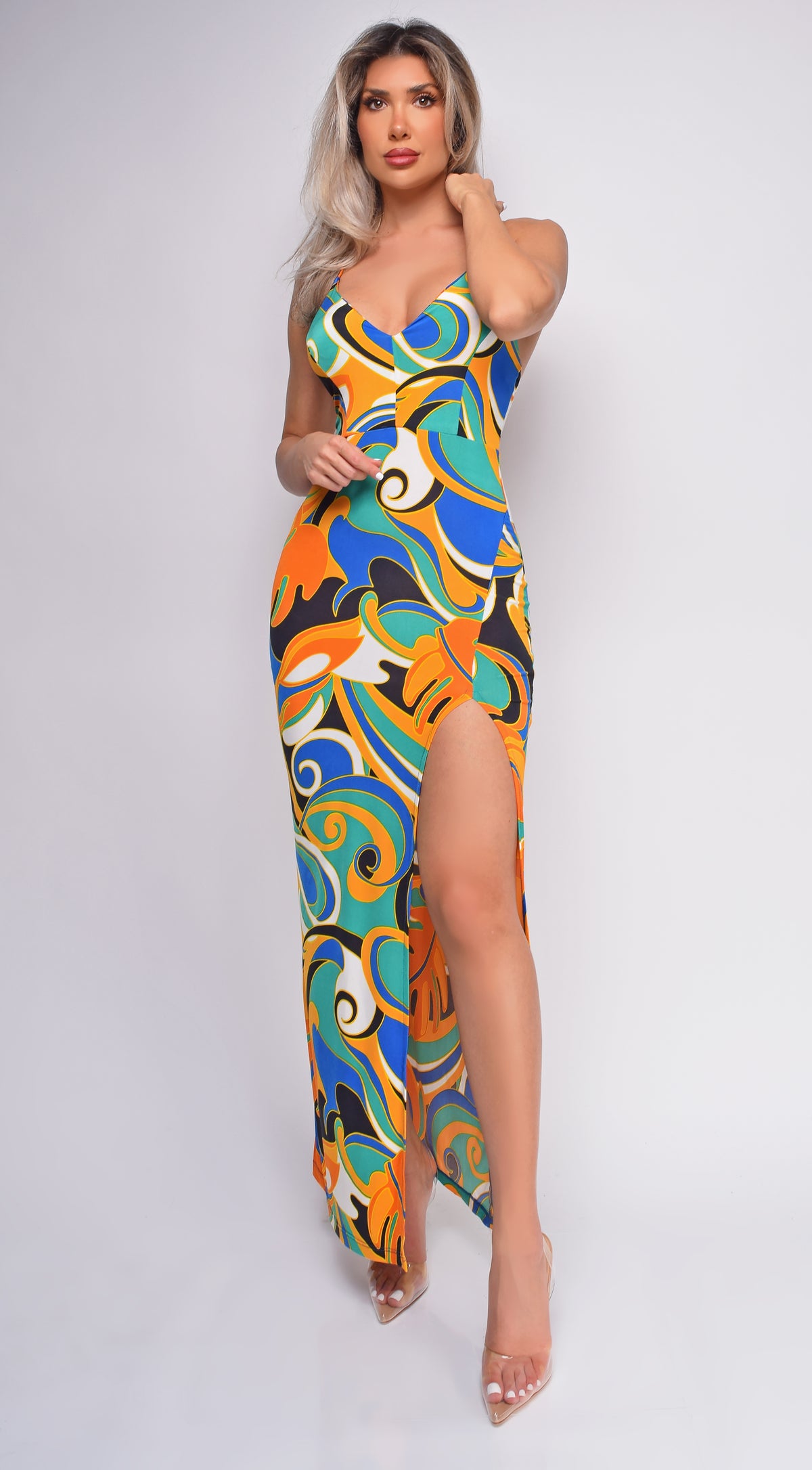 Alia Green Multi Color Cross Back Maxi Dress