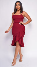 Lena Red Square Neck Ruffled Dress close-up of fabric and construction