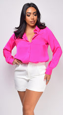 Braylee Satin Button Down Blouse Top - Hot Pink