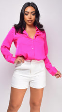 Braylee Satin Button Down Blouse Top - Hot Pink