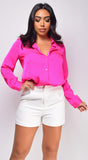 Braylee Hot Pink Satin Button Down Blouse Top