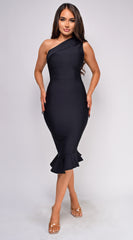 Luna Black Asymmetric Ruffle Bottom Bandage Dress