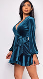 Dream Teal Blue Green Ruffled Wrap Velvet Mini Dress