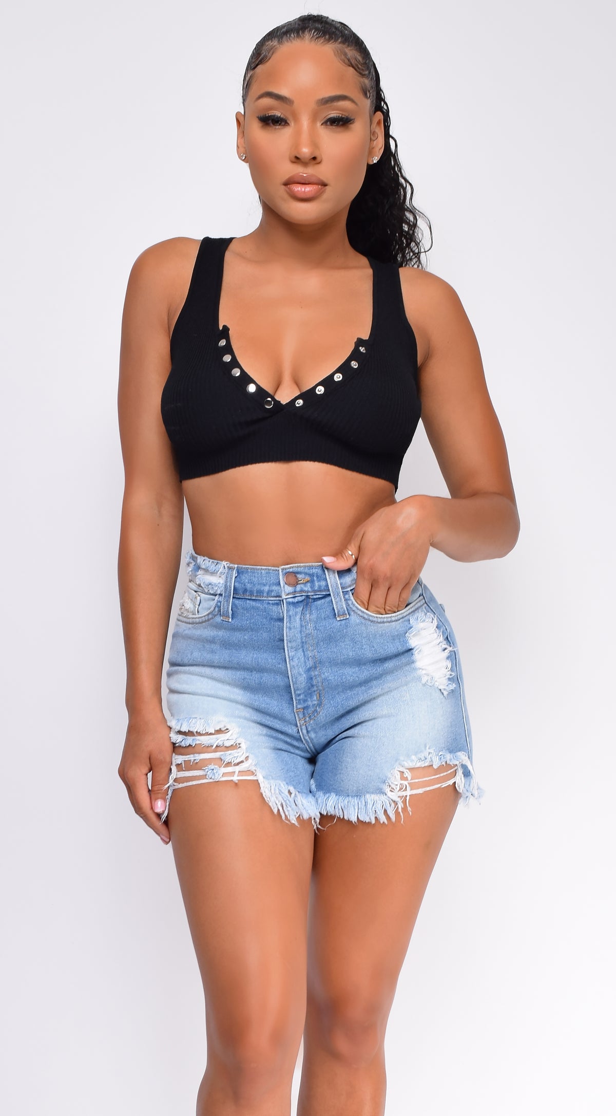 Tasman Blue Ripped Frayed Super High Waist Denim Shorts