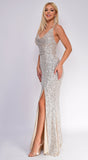 Sivan Nude Silver Cowl Neck Side Slit Sequin Gown