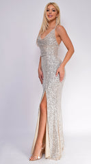 Sivan Nude Silver Cowl Neck Side Slit Sequin Gown