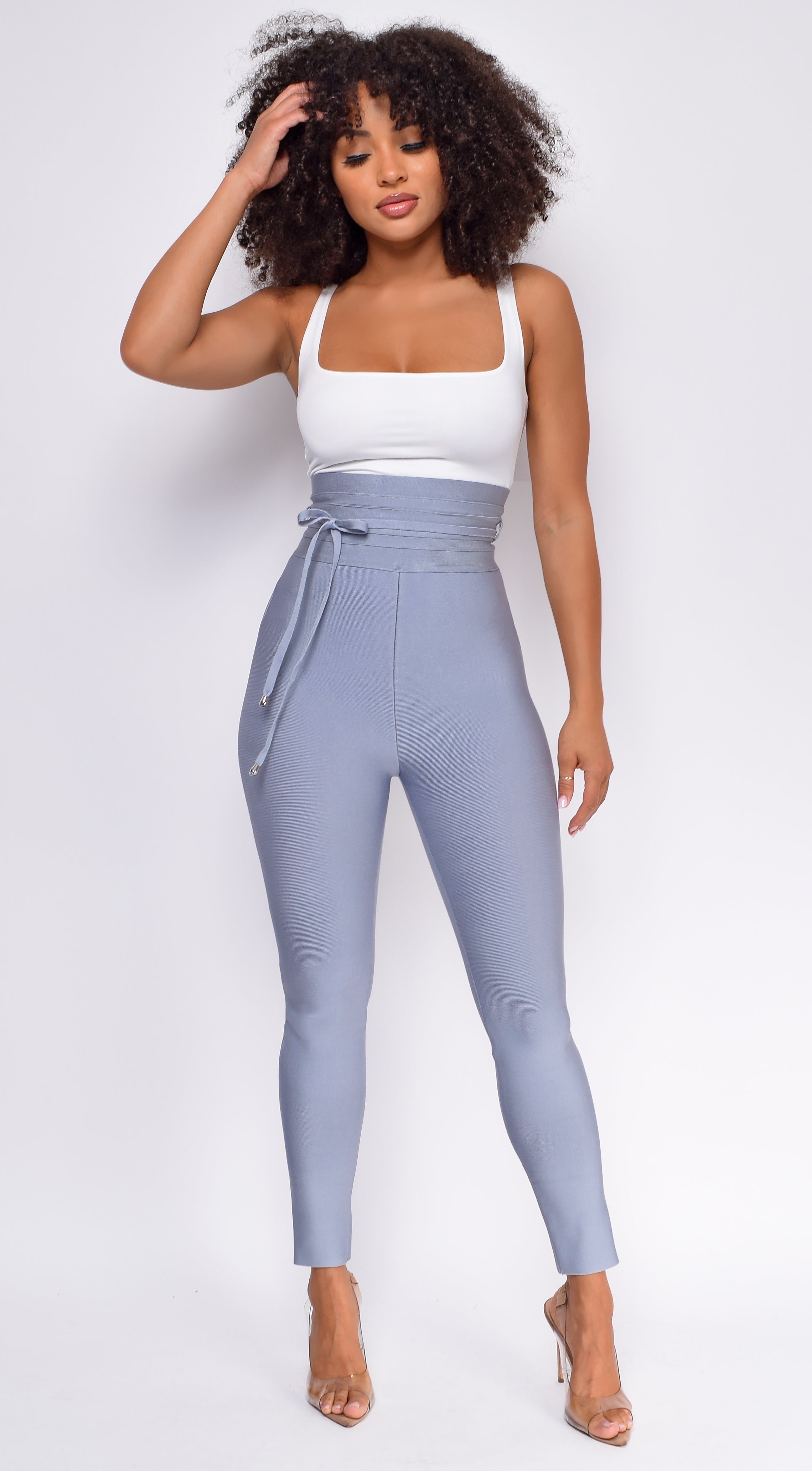 Hara Blue Grey High Waist Belted Bandage Pants – Emprada