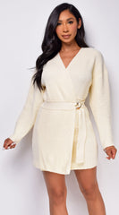 Rayne Cream Beige Long Sleeve Sweater Wrap Mini Dress