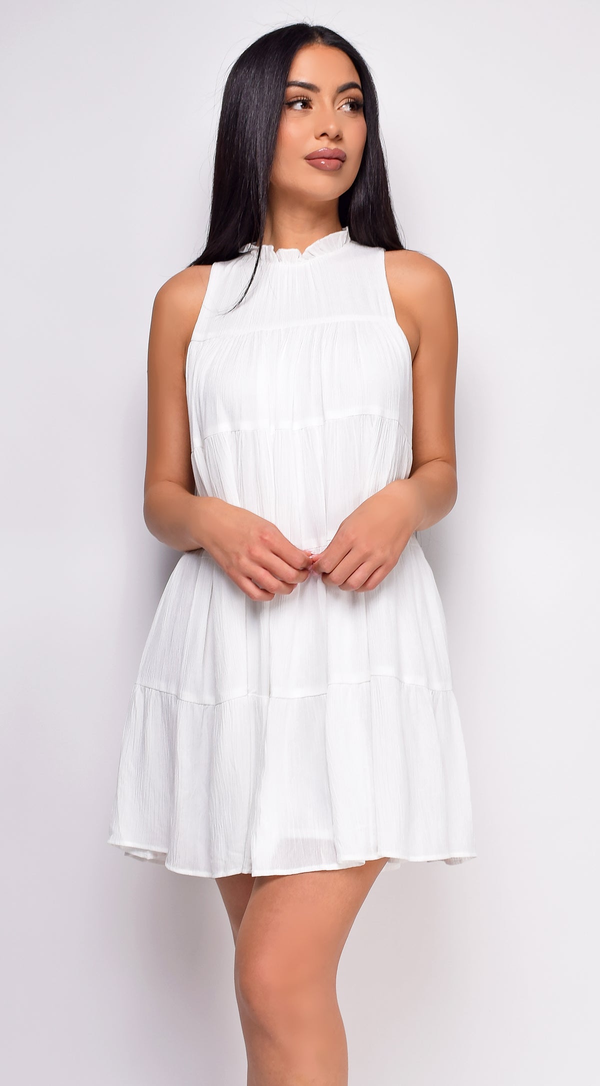 Misty White Mock Neck Sleeveless Flowy Mini Dress