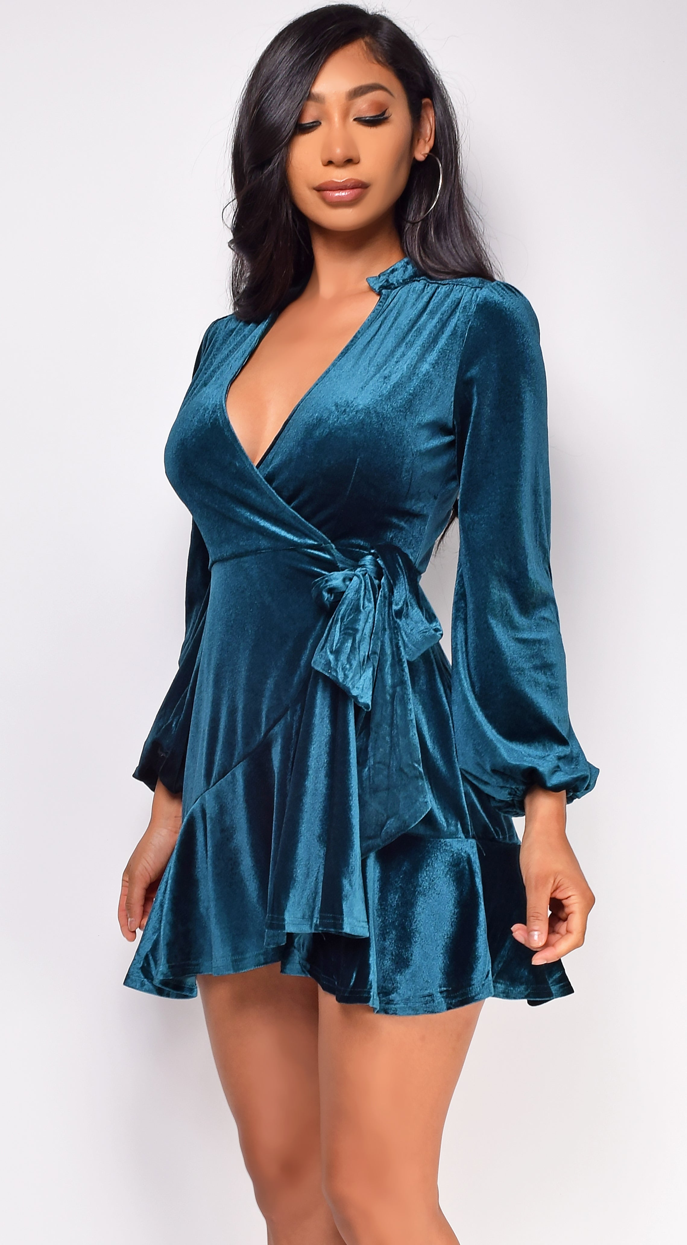 Dream Teal Blue Green Ruffled Wrap Velvet Mini Dress