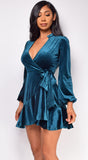 Dream Teal Blue Green Ruffled Wrap Velvet Mini Dress