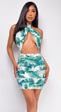 Lydia White Tropical Print Front Wrap Halter Dress