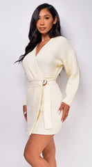 Rayne Cream Beige Long Sleeve Sweater Wrap Mini Dress