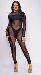 Ruby Black Sheer Mesh Seam Detail Jumpsuit