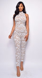 Maddie White Mock Neck Lace Jumpsuit