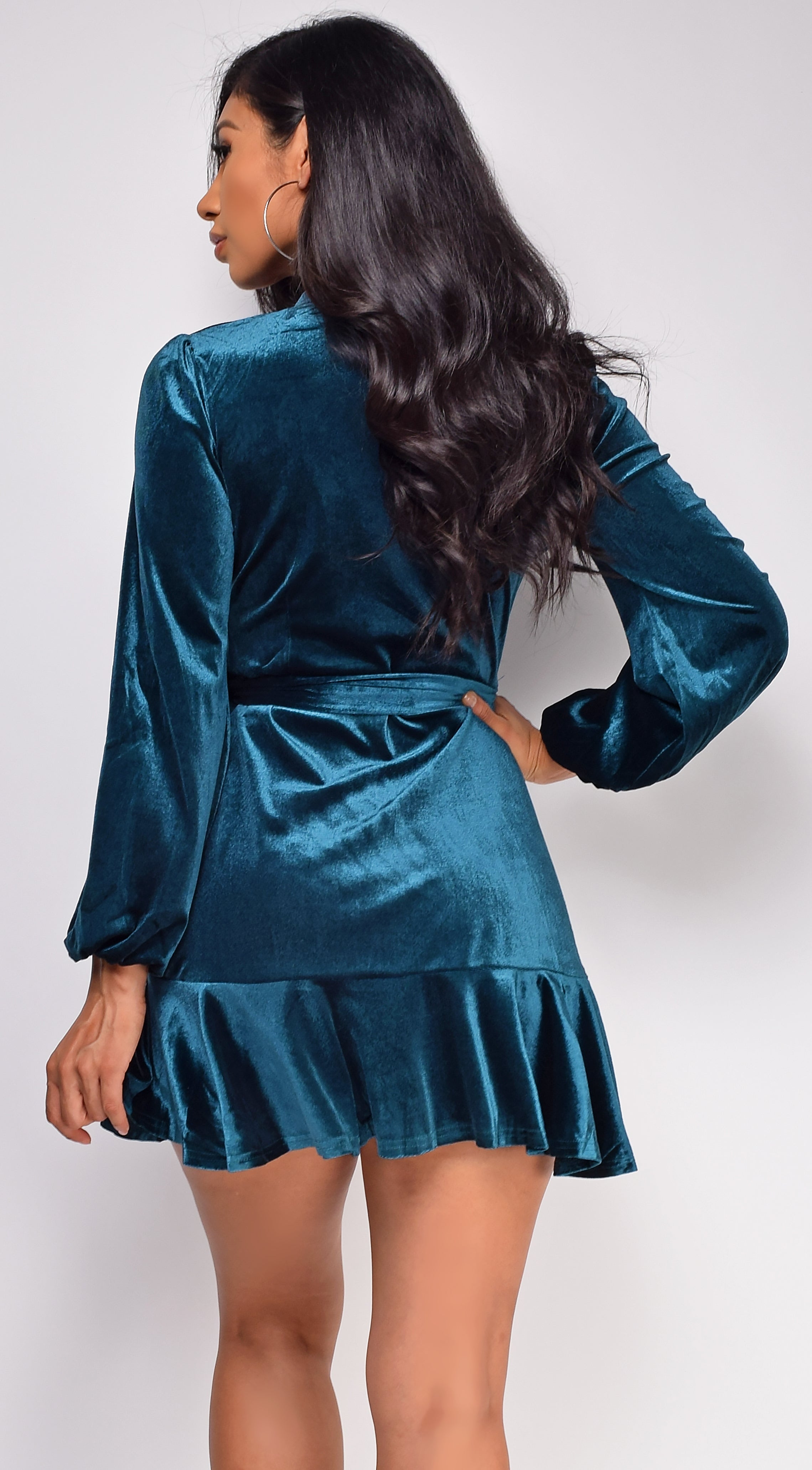 Dream Teal Blue Green Ruffled Wrap Velvet Mini Dress