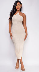 Athenia Light Beige Crochet Knit Midi Dress close-up of crochet texture
