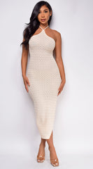 Athenia Light Beige Crochet Knit Midi Dress