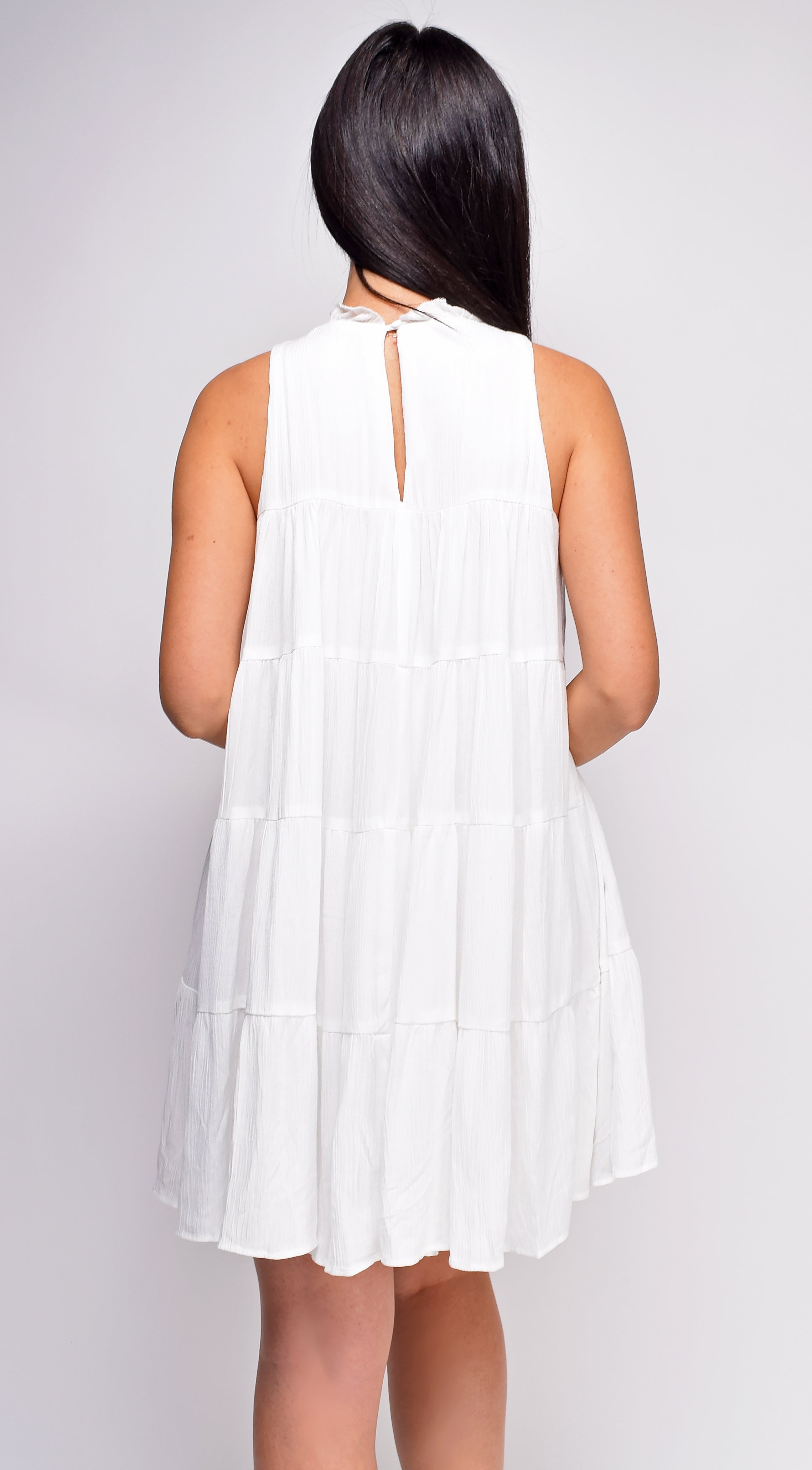 Misty White Mock Neck Sleeveless Flowy Mini Dress