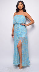 La Paz Blue Floral Print Tube Sleeveless Side Slit Dress full length front view on model