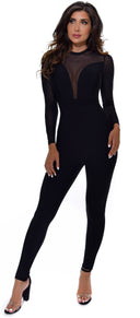 Gaetana Black Mesh Long Sleeve Bandage Jumpsuit - Emprada