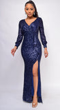Marca Navy Blue Long sleeve Side Slit Ruffle Gown