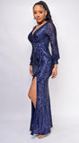 Marca Navy Blue Long sleeve Side Slit Ruffle Gown