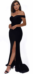 Perza Black Off Shoulder Velvet Gown Dress