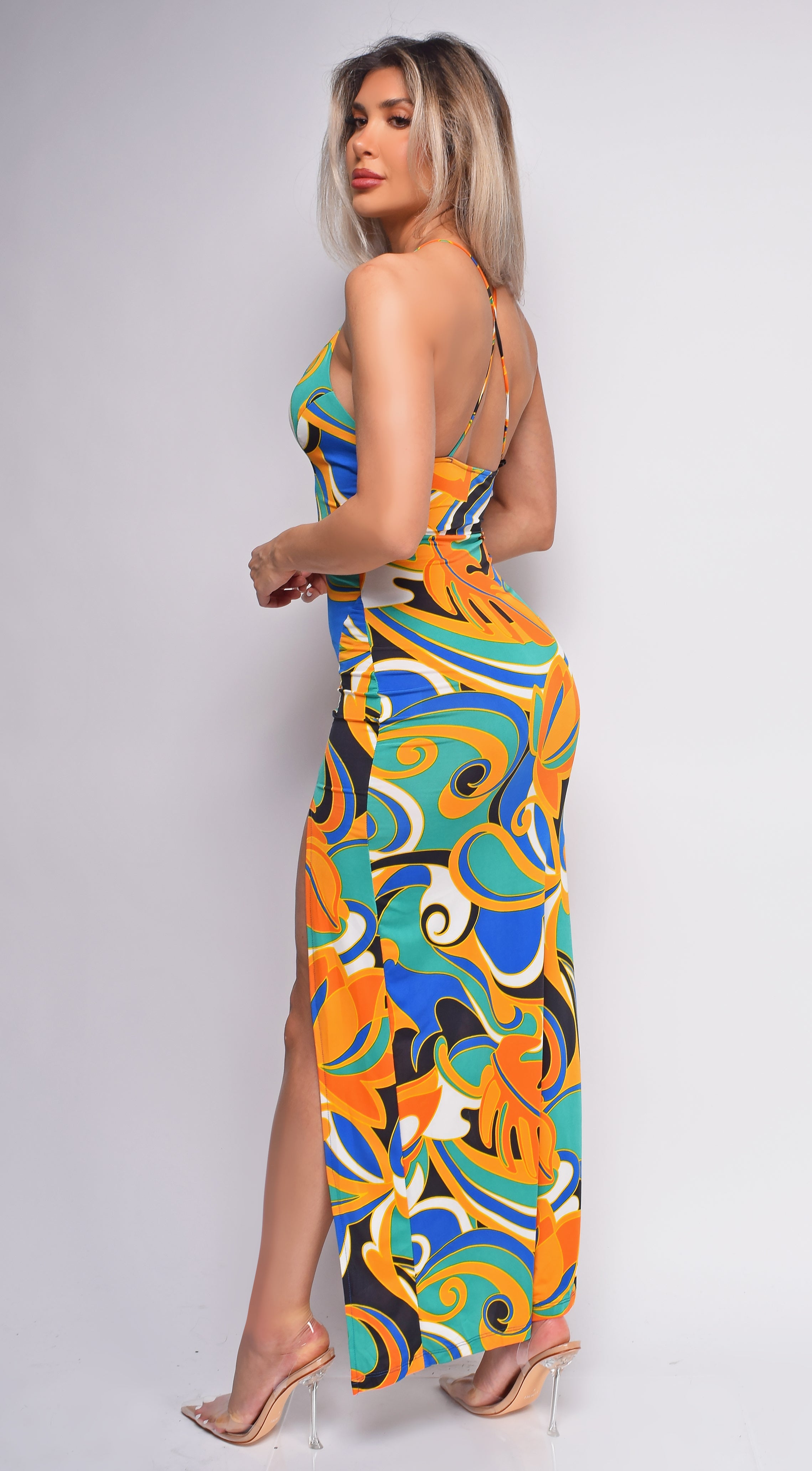 Alia Green Multi Color Cross Back Maxi Dress