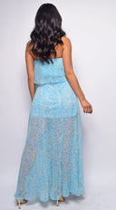 La Paz Blue Floral Print Tube Sleeveless Side Slit Dress back view on model