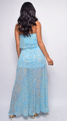 La Paz Blue Floral Print Tube Sleeveless Side Slit Dress
