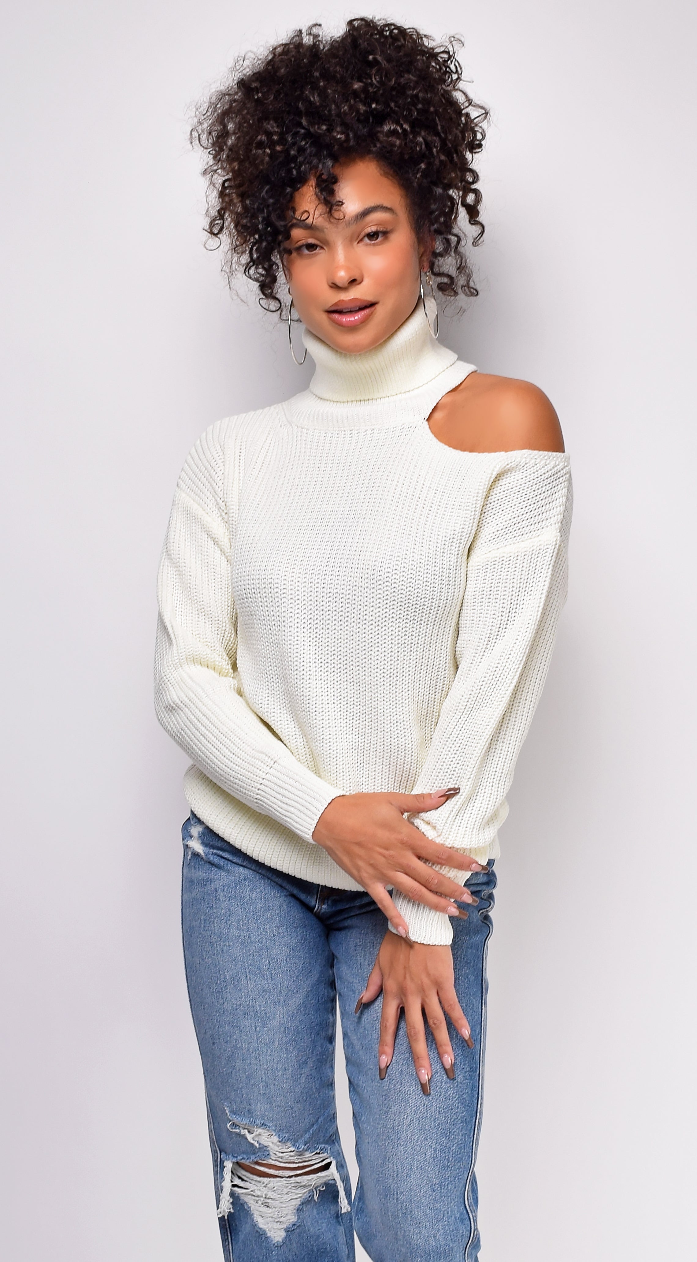Noelle Ivory White Turtle Neck Cut Out Sweater Top