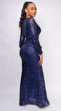 Marca Navy Blue Long sleeve Side Slit Ruffle Gown