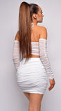 Tinos White Mesh Bustier Crop Top and Ruched Skirt Set