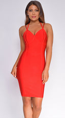 Jasper Red Halter Bandage Dress full length front view on model