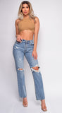 Sonya Blue High Rise Straight Leg Ripped Jeans