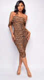 Charvi Brown Leopard Print Off Shoulder Dress