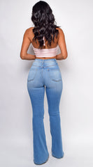 Jade Blue Distressed High Waist Flare Jeans