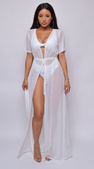 Milos White Mesh Drawstring Open Front Cover-up Dress