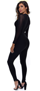 Gaetana Black Mesh Long Sleeve Bandage Jumpsuit - Emprada
