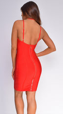 Jasper Red Halter Bandage Dress back view on model