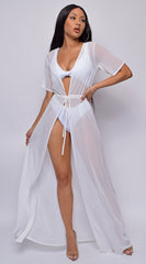 Milos White Mesh Drawstring Open Front Cover-up Dress