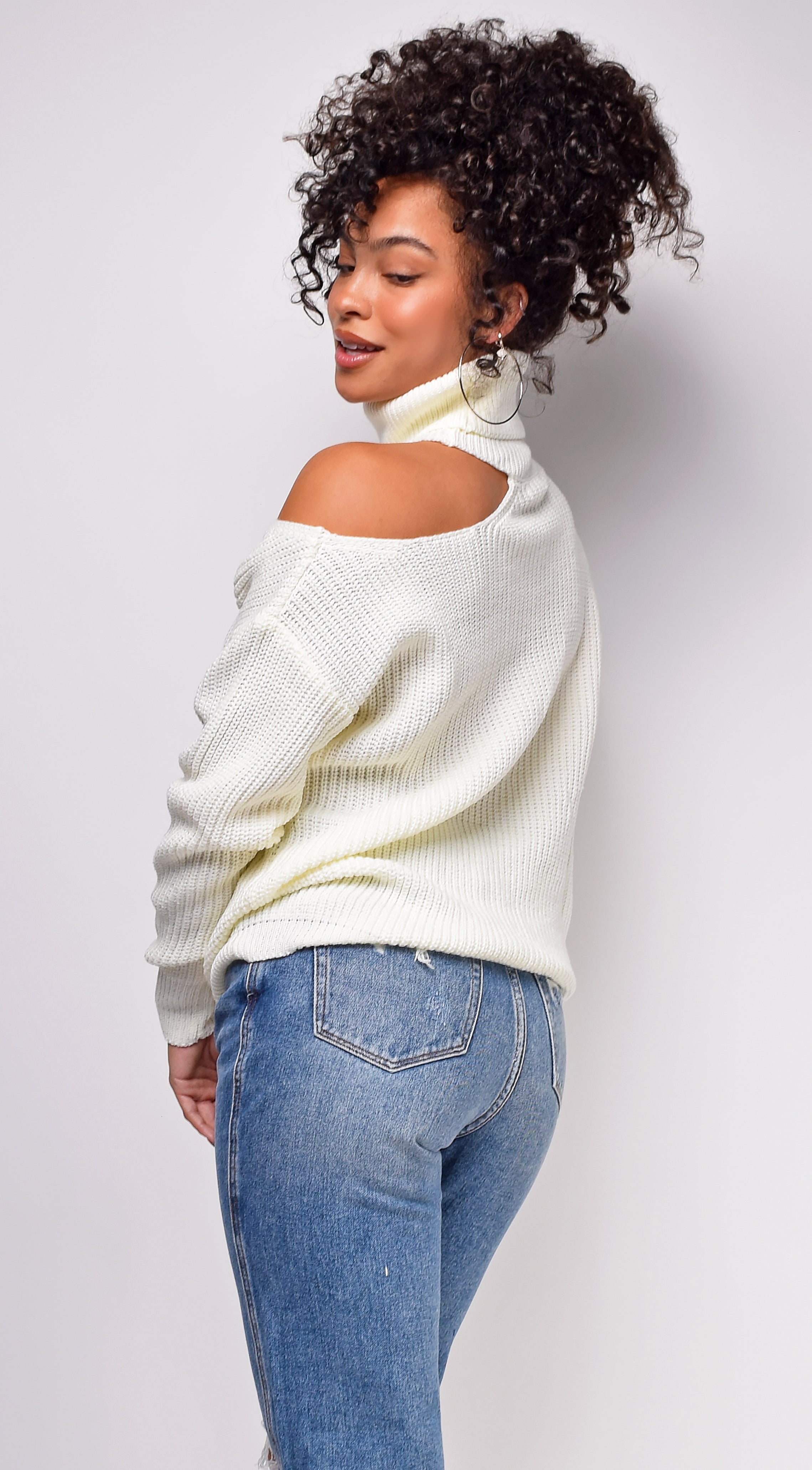 Noelle Ivory White Turtle Neck Cut Out Sweater Top